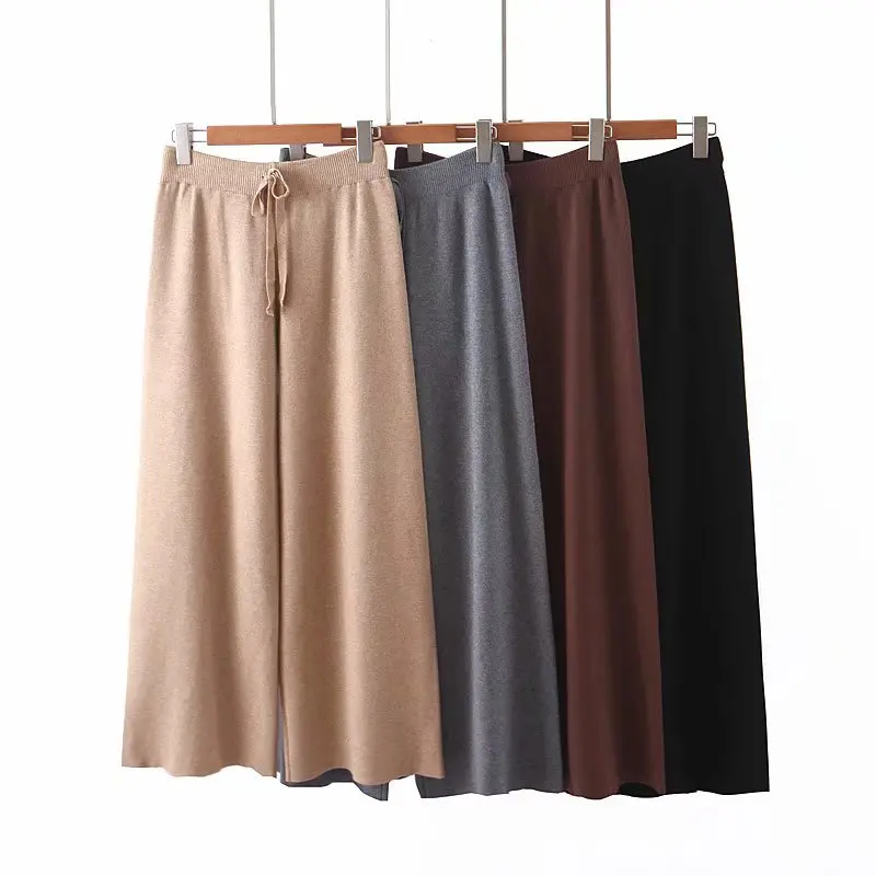 

2019 Autumn New Style WOMEN'S Dress Western Style Fashion Elastic High-waisted Lace-up Knitted Loose Pants Floor-Length Pants Tr