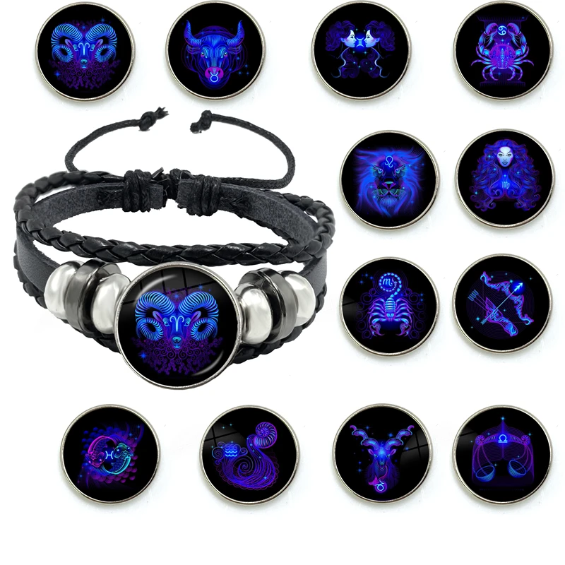 12 Constellations Bracelet Personality Rope Black Button Leather Glass Male Female Fashion Accessories Gift | Украшения и