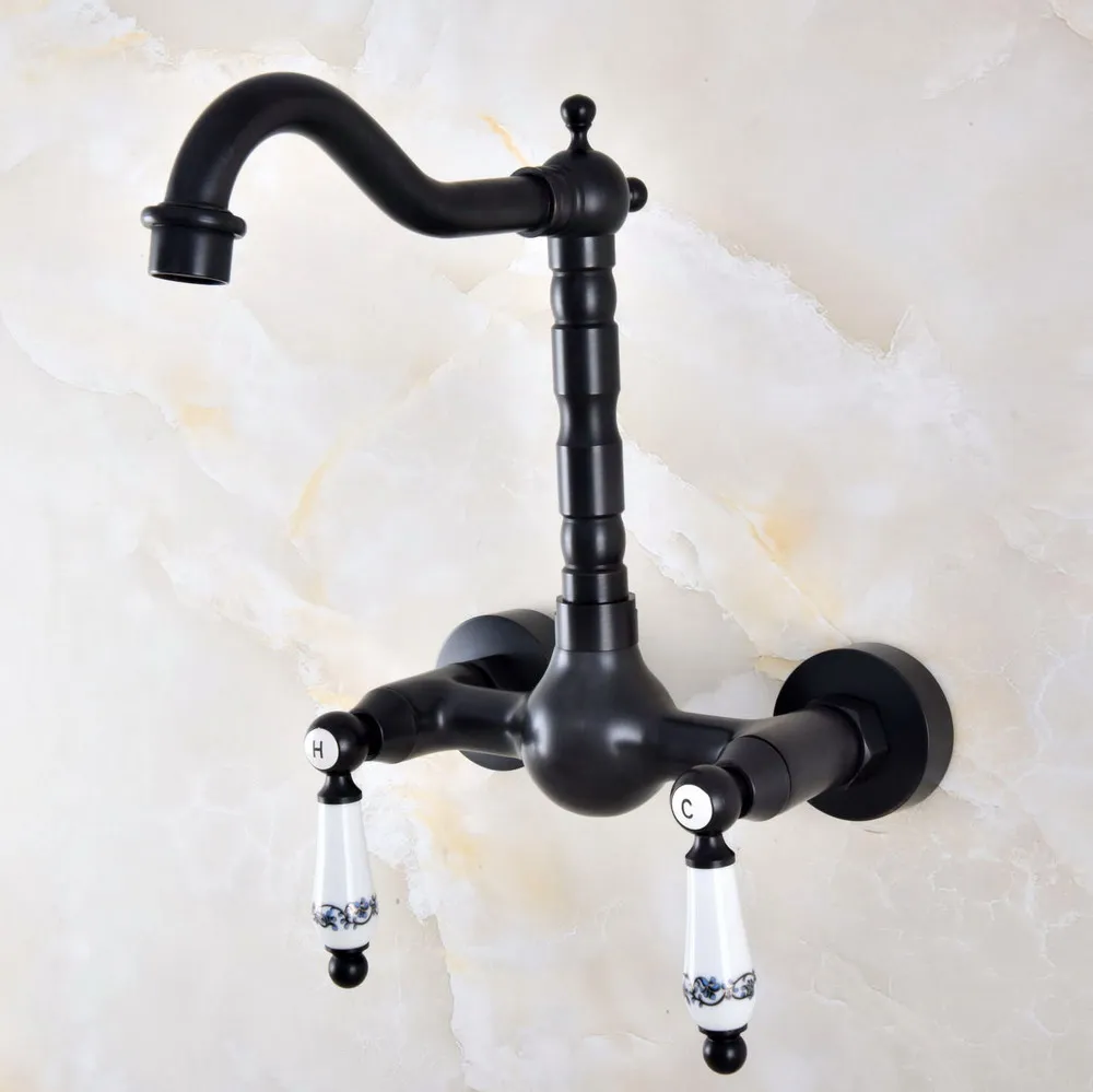 

Black Oil Rubbed Bronze Bathroom Kitchen Sink Faucet Mixer Tap Swivel Spout Wall Mounted Two Handles mnf860