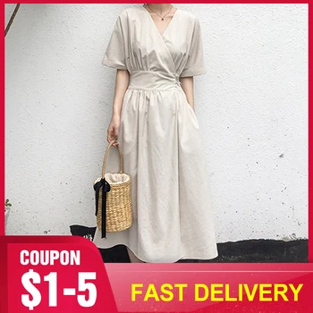 

Summer Office Ladies Elegant Vintage Japan Style Women Midi Dresses Casual Linen High Waist Lace Up Female Korean Beige Dress
