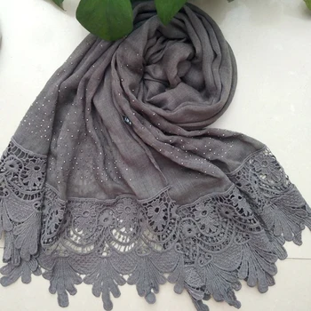 

Muslim Maxi Dots Rhinestone Warm Fashion Lace Edges Women Scarf Shawl Plain Soft Breathable Cotton Blend Multi Purpose