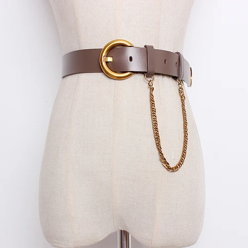 Dark Khaki Натуральная коровья кожа джинсовые ремни для брюк женские разноцветные круглые пряжки поясной ремень с цепочкой повседневное уличное пальто платье корсетные ремни - Цвет: Dark Khaki