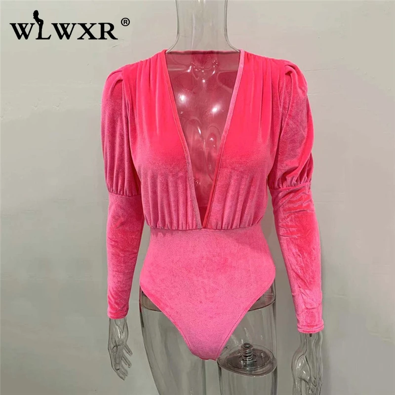 WLWXR, сексуальное Клубное бархатное боди для женщин, топы, обтягивающие, с длинным рукавом, бодикон, боди для женщин, Осень-зима, черный женский комбинезон