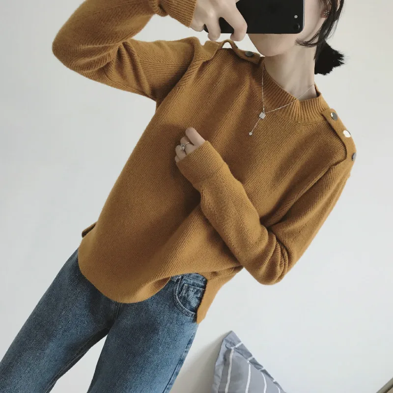 Neploe осень зима пуловер с круглым вырезом свитер женский однотонный длинный рукав плечо кнопка Pull Femme трикотажный крест Топ 46827 - Цвет: Ginger yellow