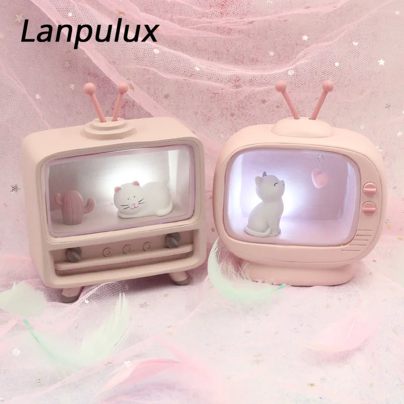 Lanpulux ТВ Кот моделирование Ночная лампа теплый белый смолы Спальня Настольная с