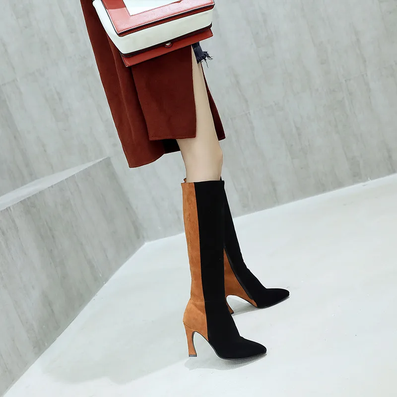

Big Size Ladies Patchwork High Heels Pointed Toe Sexy Knee High Boots Black Brown Female Shoes Winter Riding Botas 2018