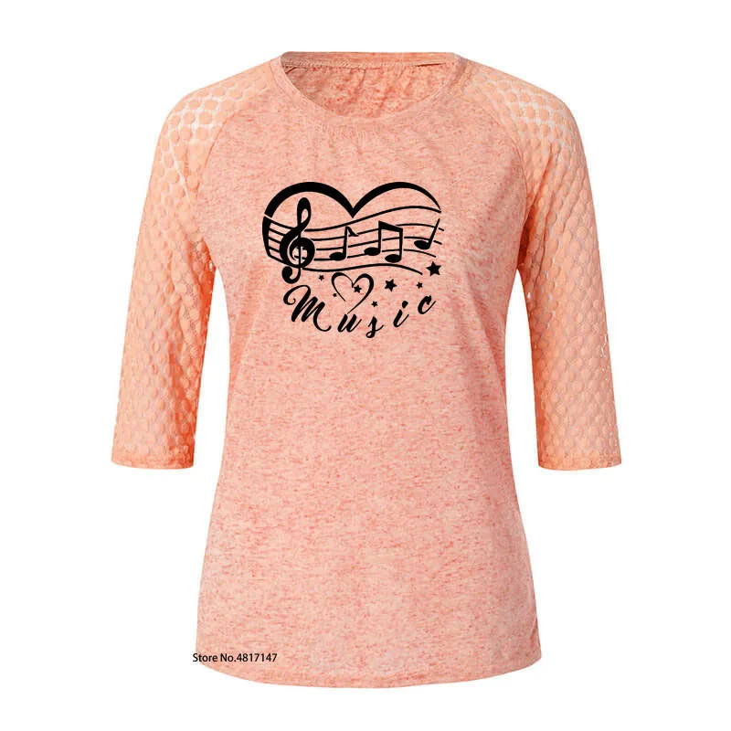 Музыка Примечание Сердце Звезда Письмо печати Футболка женская Кружевная футболка плюс размер футболка женский подарок для меломана летние милые топы