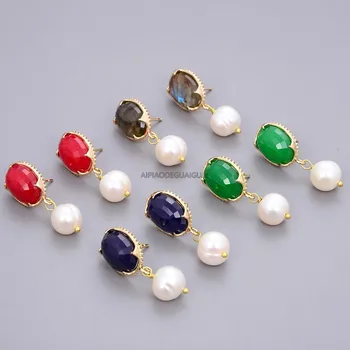 

GG Jewelry Faceted Jade Labradorite Natural White Round Pearl Earrings
