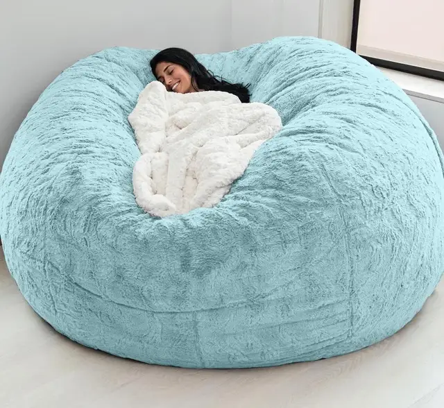Dropshipping Giant Fur Bean Bag Cover Big Round Soft Fluffy Faux Fur BeanBag Lazy Sofa Bed Cover Living Room Furniture blue 135X65cm