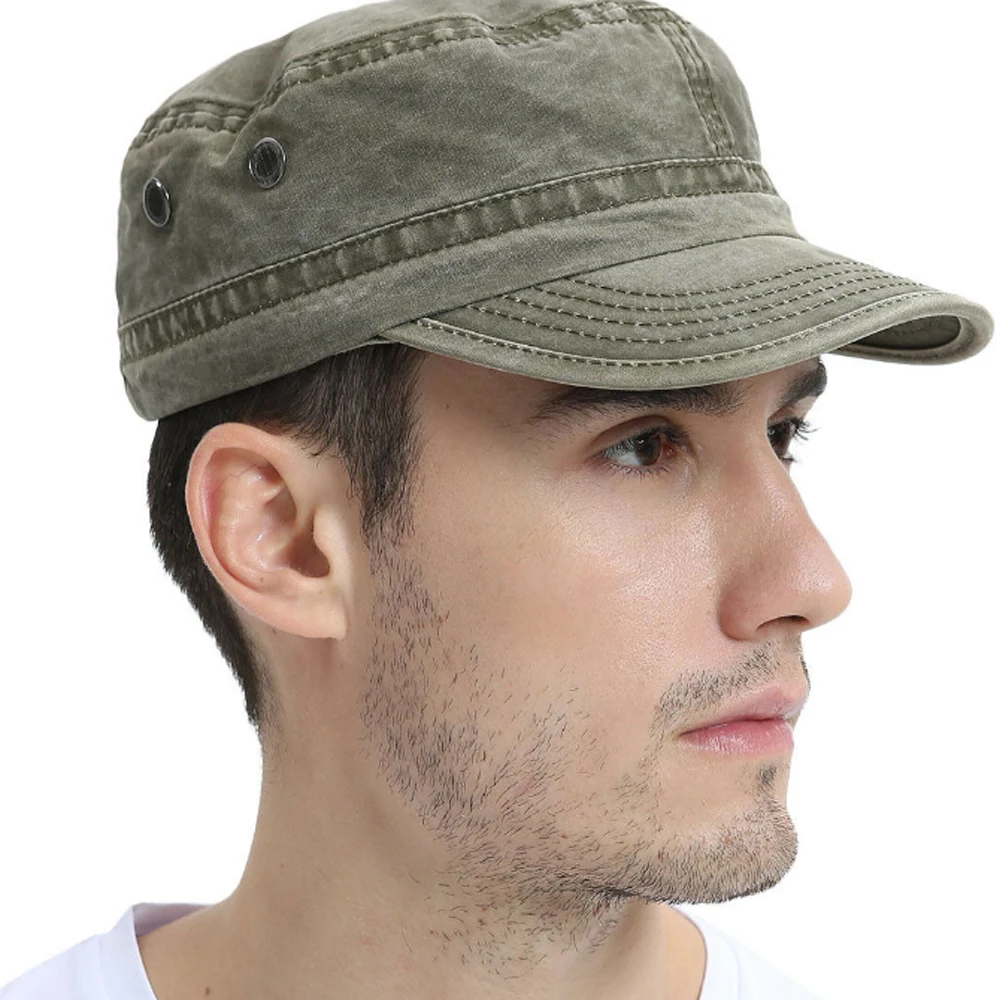 

Women Men Army Cap Solid Color Stylish Military Flat Cap Sun Hat Washed Cotton Flat Top Hat