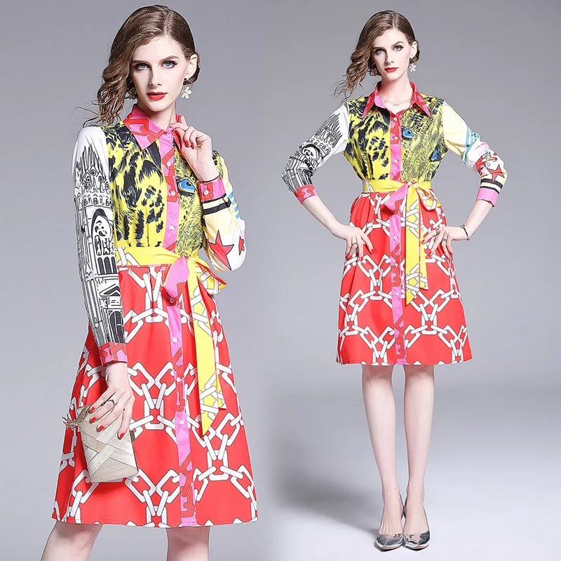 

Photo Shoot Fashion WOMEN'S Dress Europe And America Versitile Fashion Loose And Plus-sized Positioning Printed Shirt Collar Dre