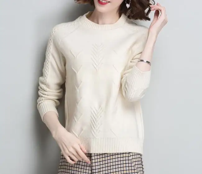 Soft Cozy Cashmere Cotton Blend Embossing Pullover Sweater Autumn Winter Women Clothes Basic Jumper Pull Femme Pink Sweater - Color: Beige