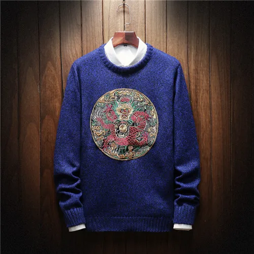 Модный мужской свитер с вышивкой - Цвет: Тёмно-синий