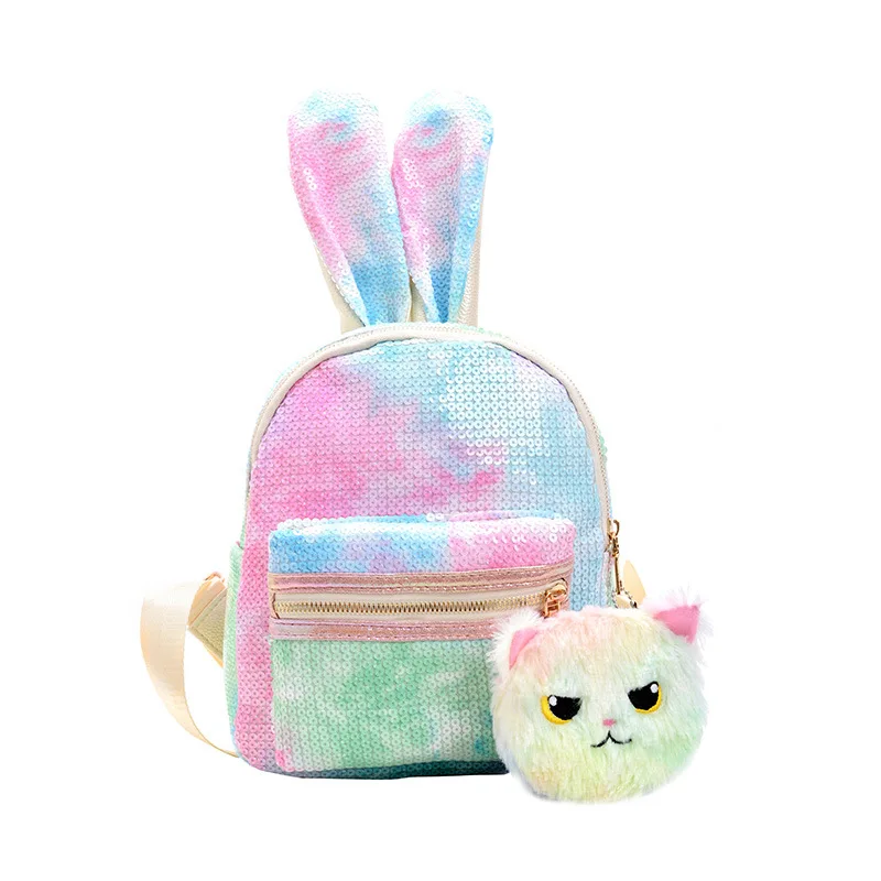 

Colorful Children's Small Backpack Lovely Sequin Rabbit Ear School Bag Plush Cat Pendant Girls' Mini Cute Schoolbags Designer