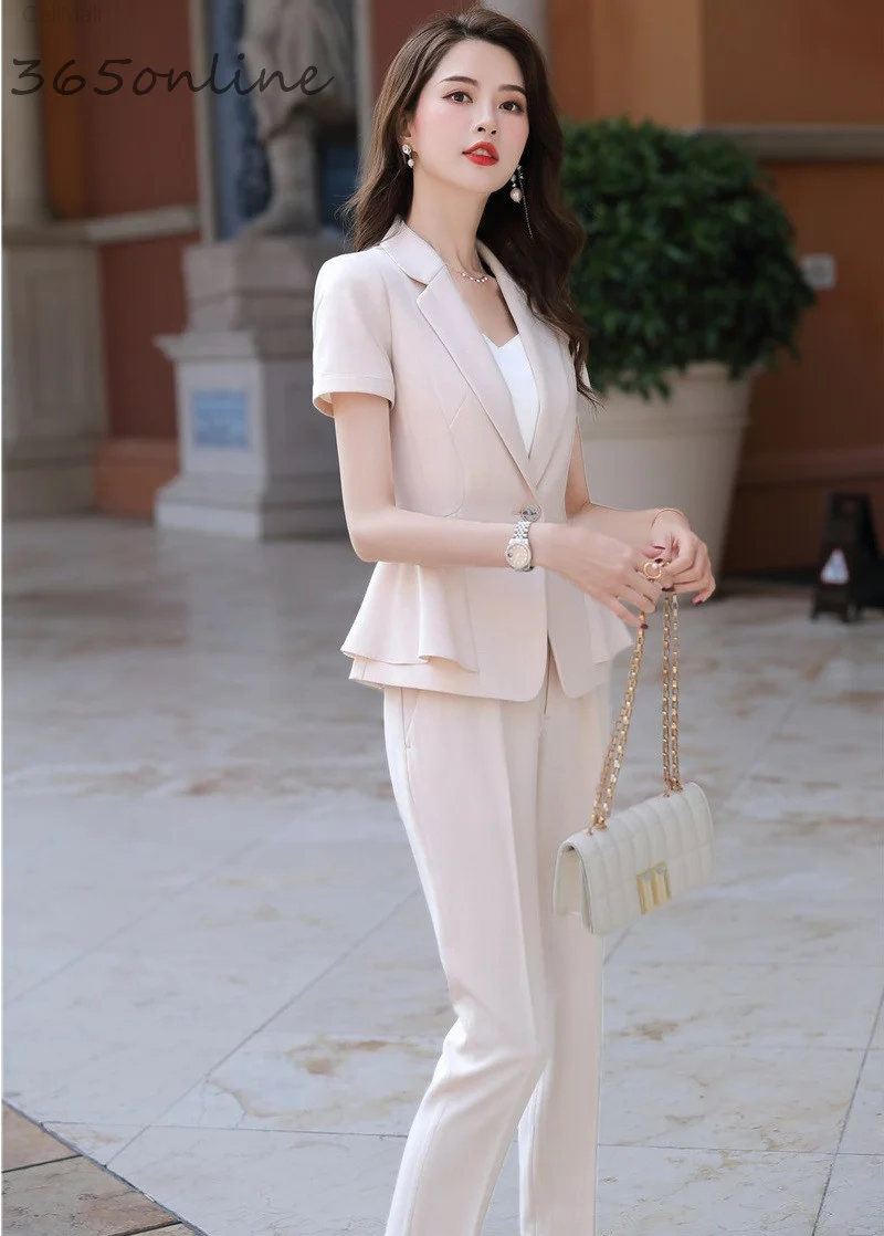

Formal OL Styles Women Professional Business Suits Elegant Short Sleeve Summer Work Wear Blazers with Pants and Jackets Set