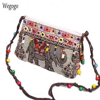 

Vintage Women Messenger Bags Canvas Bead Chain Bag Small Coin Purse Cross-body Bag Ethnic Embroidered Mini Day Clutch Woman