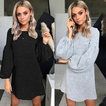 

Women O-neck Short Bottoming Long Lantern Sleeve Ladies Dress Sexy Party Dress Vestidos Female Summer Streetwear 2020 #Z4