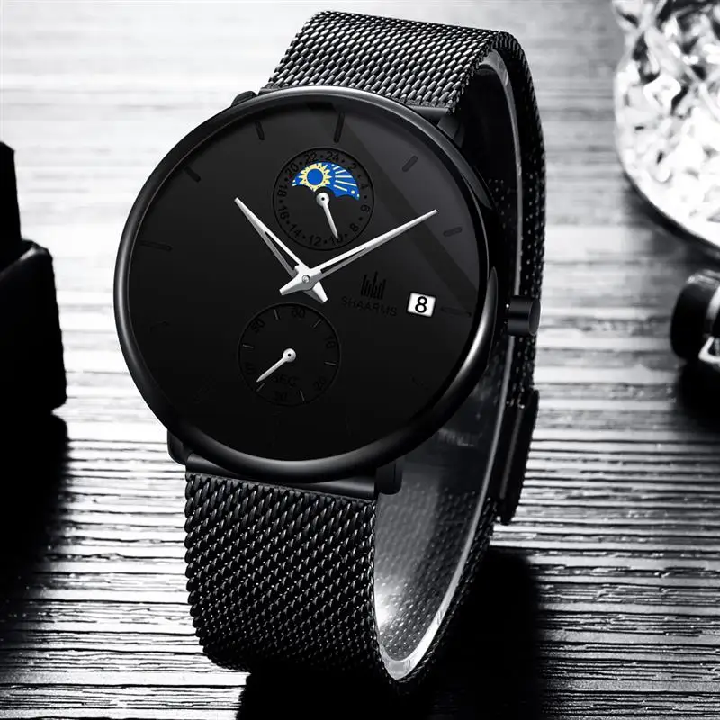 

SHAARMS Luxury Business Watch For Men Mesh Band Stainless Steel Date Wristwatch Male Man Quartz Watches Relogio Masculino