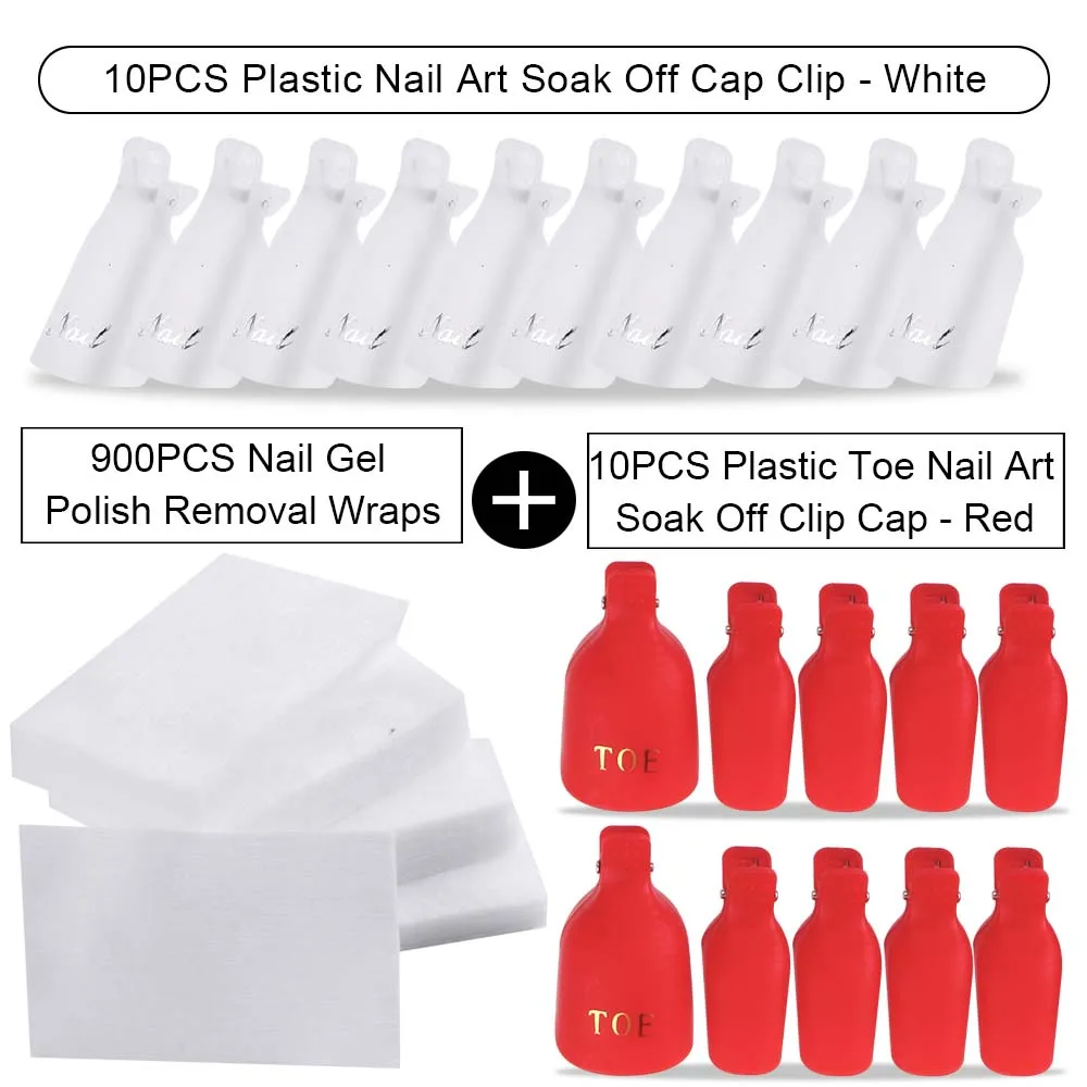 20PCS Plastic Fingers And Toes Nail Art Soak Off Cap Clip And 900PCS Cleanser Nail Gel Polish Removal Wraps Remove Tool Nail Tip - Цвет: Red Toe Transpare Hd