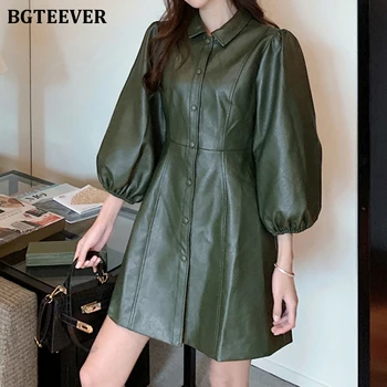 

BGTEEVER Women Army Green Faux Leather Dress Vintage Lantern Sleeve 2020 Single-breasted Female A-line Mini Dress Femme