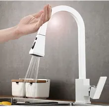 Smart Touch Kitchen Faucet Pull Out 360 Rotate White Mixer Faucet for Kitchen Hot and Cold Deck Mounted Crane for Sinks