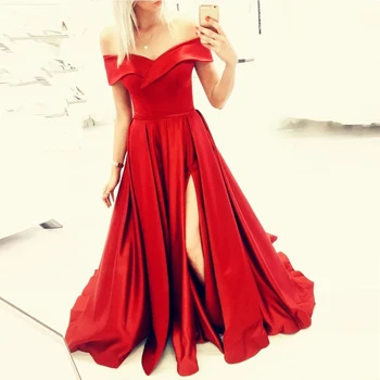 

New Arrival Satin A-line Evening Dress Off the Shoulder V Neck Pleats Side Slit Formal Gowns Prom Dresses Plus Size
