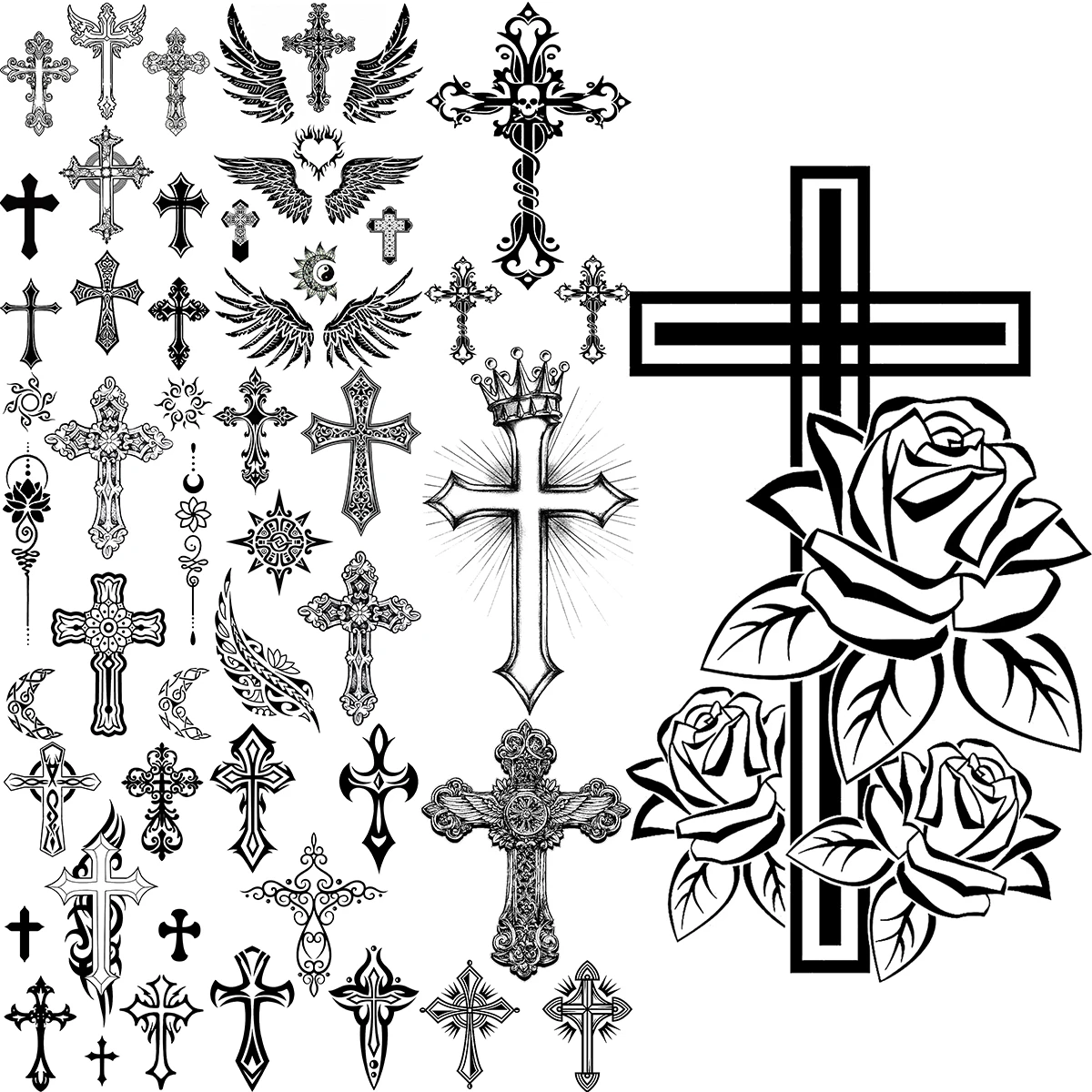 Black Cross Temporary Tattoos For Men Adults Realistic Wings Feather ...