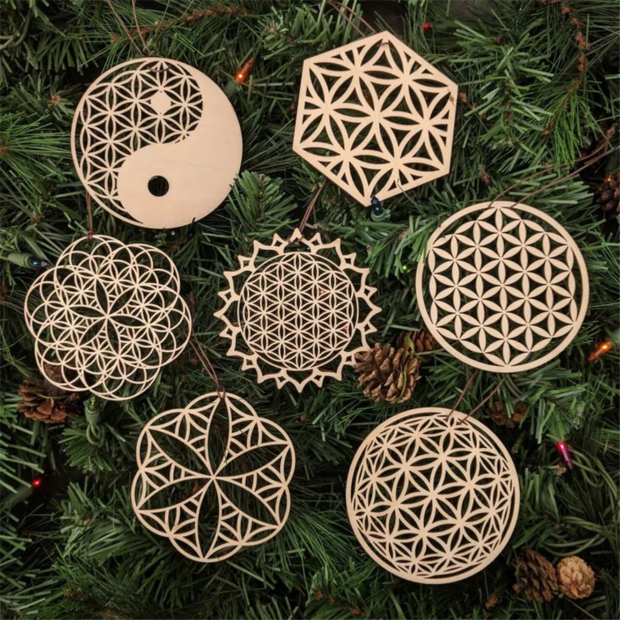 Flower Of Life Wooden Holiday Ornaments Wooden Geometry Symbol Rustic Wedding Christmas Xmas Decoration Wall Decor