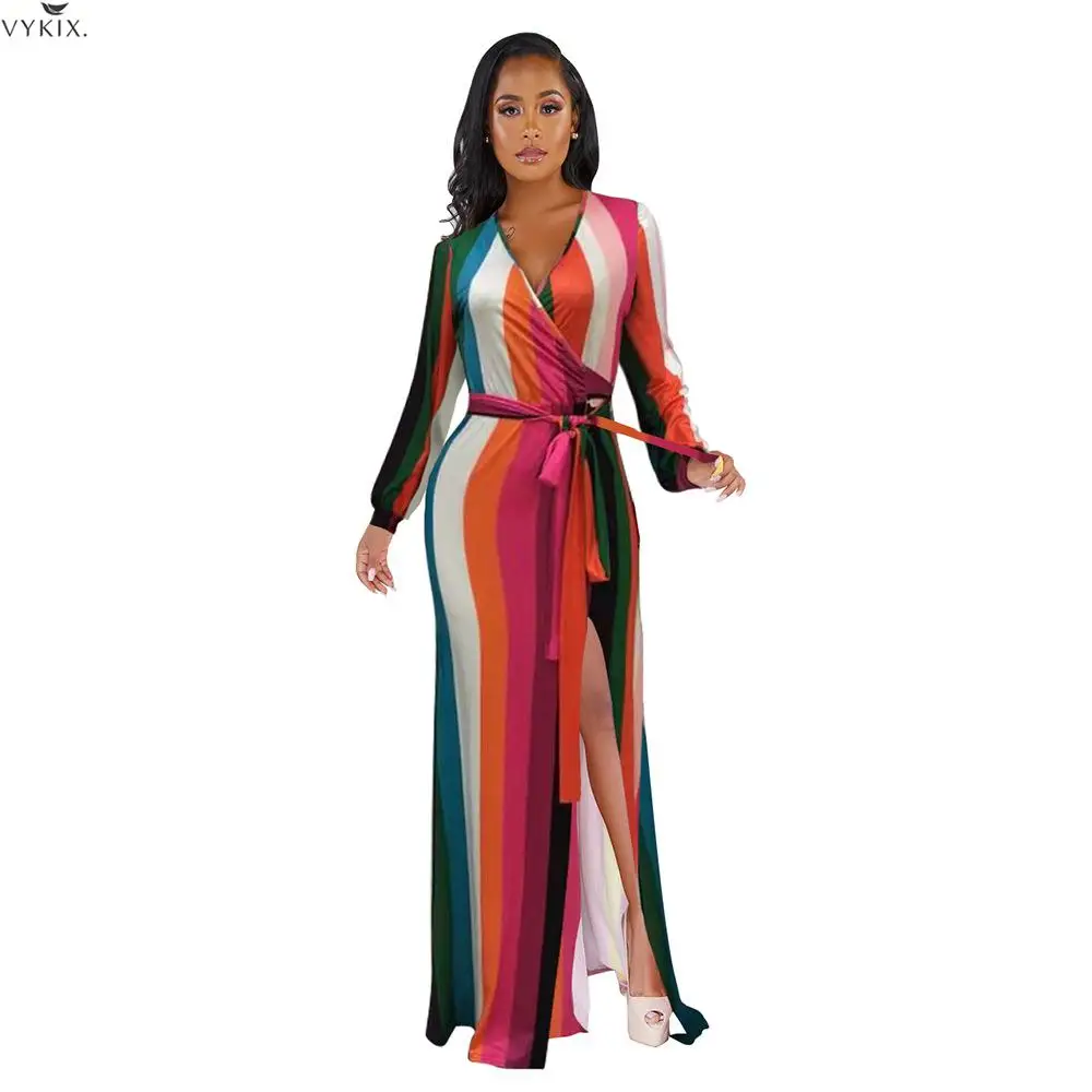 Long Dress Colorful Striped Print Maxi Dress Slim Elegant Long Sleeve Dress Split Dresses Woman Party Night Winter Dress Women