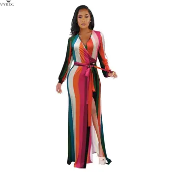 

Long Dress Colorful Striped Print Maxi Dress Slim Elegant Long Sleeve Dress Split Dresses Woman Party Night Winter Dress Women