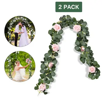 

2pcs Cloth Silk Artificial Eucalyptus Garland Stimulation Roses Wreath for Engagement Party Home Decoration Wedding