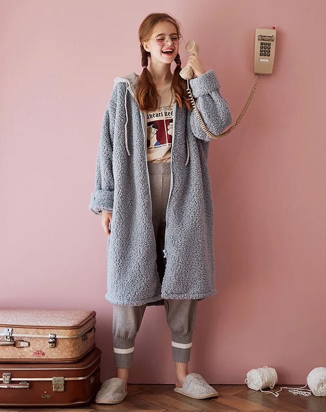 Осенне-зимняя женская одежда для сна фланелевый Халат В Стиле Лолита Пижама с капюшоном. Повседневная Ночная рубашка для девочек Домашняя одежда с капюшоном