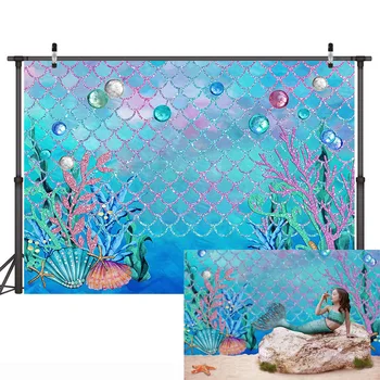 

Mermaid Blue Sea Backdrop Mermaid Girl Children Birthday Party Banner Background Pearl Shell Birthday Dessert Table Supplies