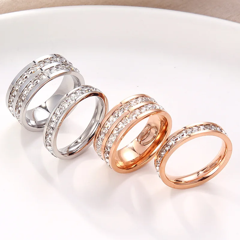 Double Crystal Woman Fashion Ring Rose Gold Filled Titanium Steel Rings for Women Finger Rings Fashion Rings Fashion Ring Crystal Rings Metal Rings Titanium Steel Rings