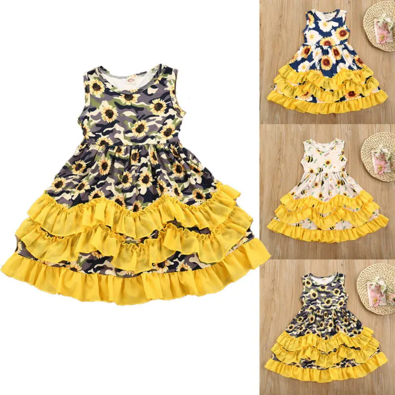 2020 Baby Summer Clothing Kids Girls Sunflower Ruffle Dress Camo Sleeveless Sundress Party Pleated Dresses Holiday Gown | Детская одежда