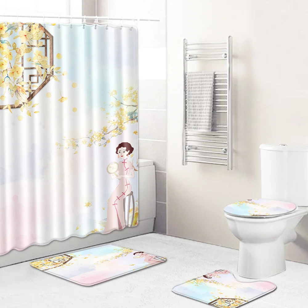 Zeegle 4Pcs Bath Mat Set Cartoon Doormat Bathroom Floor Rug Waterproof Toilet Shower Curtain Shower Room Rug Toilet Seat Cover
