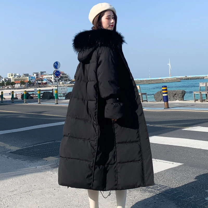 Корейский стиль зимняя женская куртка с капюшоном с мехом X-long пуховик утепленная стеганая парка высокого качества