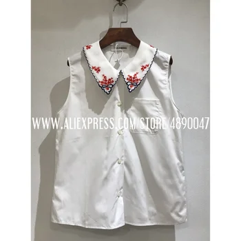 

2020 floral embroidery lapel shirt Women's new white top sleeveless blouse ladies retro casual top Sweet style cotton shirt