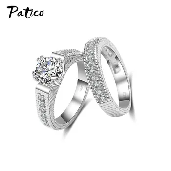 

2pcs/set AAAA Cubic Zircon Wedding Promise Ring 925 Sterling Silver Engagement Ring Set for Women Bridal Jewelry Gift 2PCS/Set