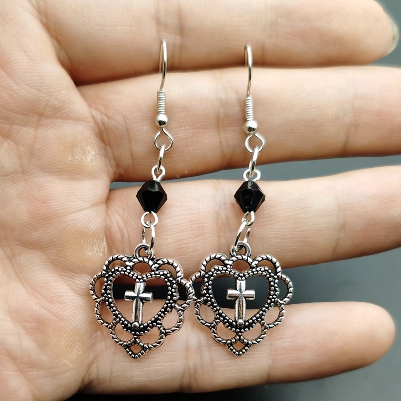 Gothic Punk Style Hollow Heart Cross Pendant Earrings for Women Religion Dark Art Goth Jewellery Rock Metal Gifts dangle earrings cross earrings