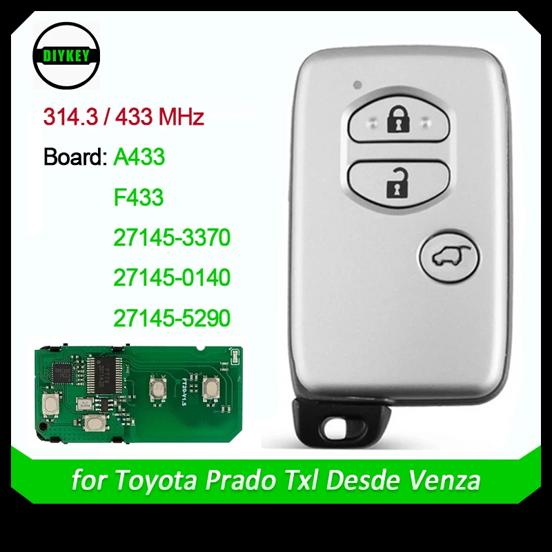

Пульт дистанционного управления смарт-картой DIYKEY A433 F433 27145-0140 / 27145-3370 / 27145-5290 для Toyota Prado Venza