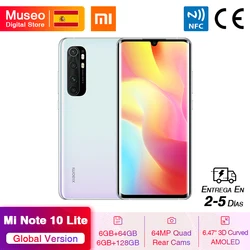 Глобальная версия мобильных телефонов Xiaomi Mi Note 10 Lite 6 ГБ 64 Гб 64-мегапиксельная четырехъядерная камера 6,47 ''изогнутый AMOLED экран 5260 мАч 30 Вт QC