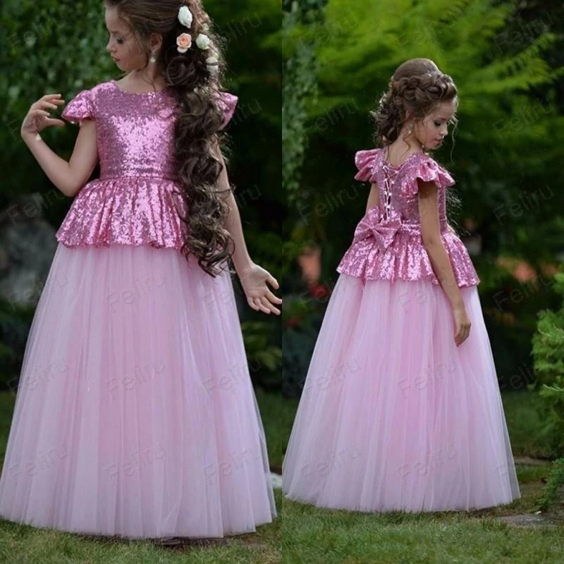 shuiyin103 Lovely Rosy Pink Little Girls Cute Flower Girl Dresses Bling Sequins Bow Back Cap Sleeves Peplum Kids Birthday Communion Gowns