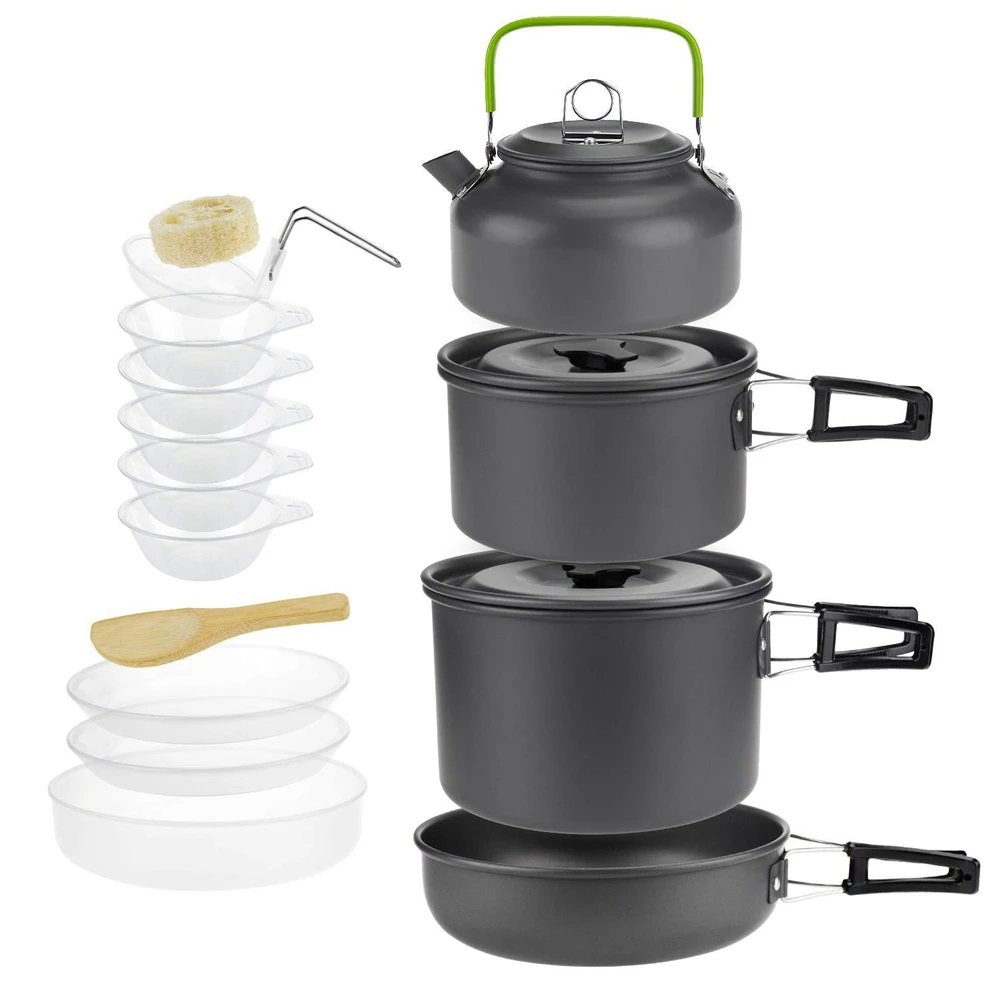 4-5 Person Camping Pots+Flying Pan+ Tea Pot+ Plates Cookwear Set Picnic Tableware Cooking Kit for Camping Hiking Tourist