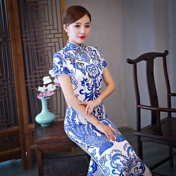 

Plus Size 5XL customizable cheongsam new improved Chinese blue and white porcelain cheongsam fashion Slim fit cheongsam dress