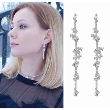 

S925 Black Gun Zircon Long Stick Earring Horse Eye Oval Zircon Stone Flower Earring for Women Wedding Jewelry