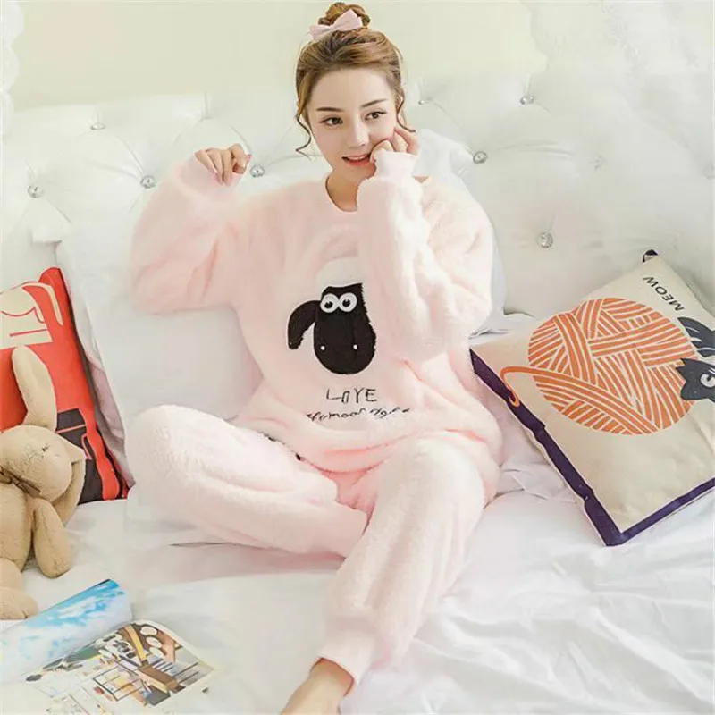 

Women Pajama Sets 2019 Autumn Winter Pajamas Flannel Cartoon Thick Warm Women Sleepwear Cute Animal Female Homewear