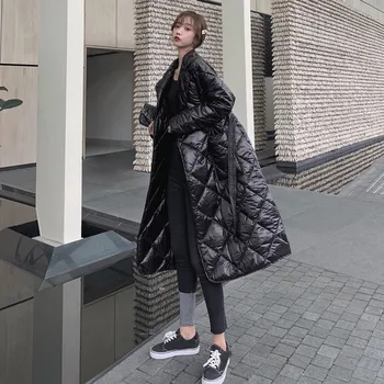 

New Coat Women Winter Parkas Light Down cotton Jacket Rhombic Loose Long Coat Streetwear Abrigos Mujer Invierno Outerwear JIU263