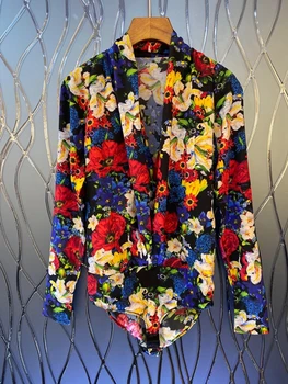 

2020 Spring and Summer New Women's V-neck Embroidery Flower Color Matching Long Sleeve One-Piece All-match Shirt 601
