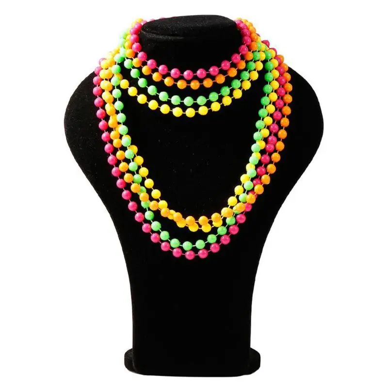 Womens 1980s Bright Rave Fancy Dress Accessory Neon Beads Bracelet Necklace Set 
